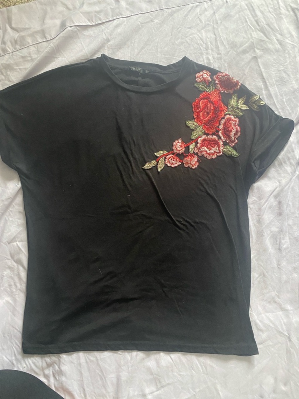 SHEIN Black Short-Sleeve Tee with Red Rose Embroidery
